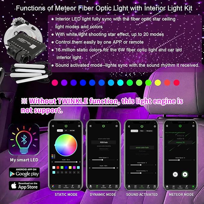 AKEPO 3in1 Fiber Optic Lights Kit APP Control Headliner Starlight, Shooting Star+Music Sync Activated Under Dash Interior LED Light and 6W RGBW Fiber Optic Star Light, 150pcs 0.03in6.5ft Fiber Strands