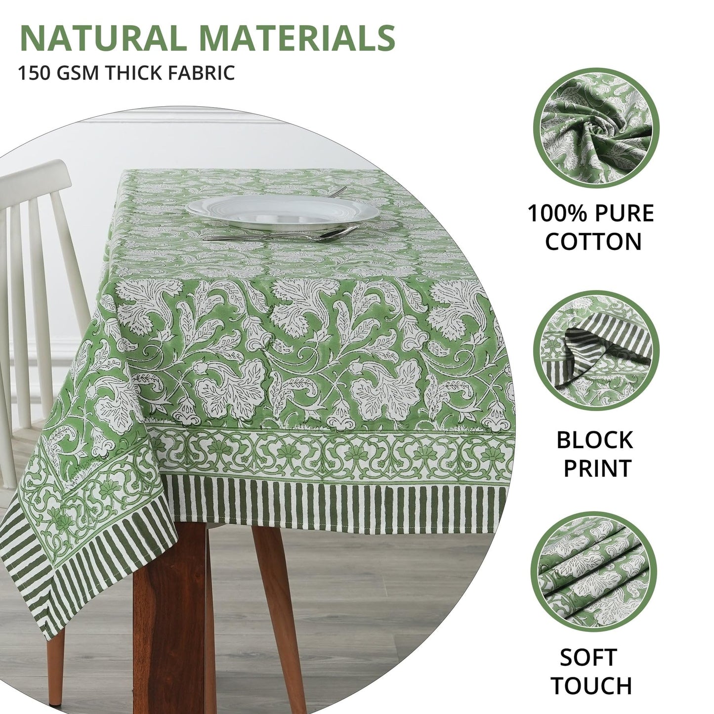 Ridhi Sage Green 100% Cotton Summer Fall Rectangle Tablecloth Hand Block Print Print Washable Reusable Table Cover Farmhouse Parties Buffet Dining Weddings Country French Easter Spring 70 x 118