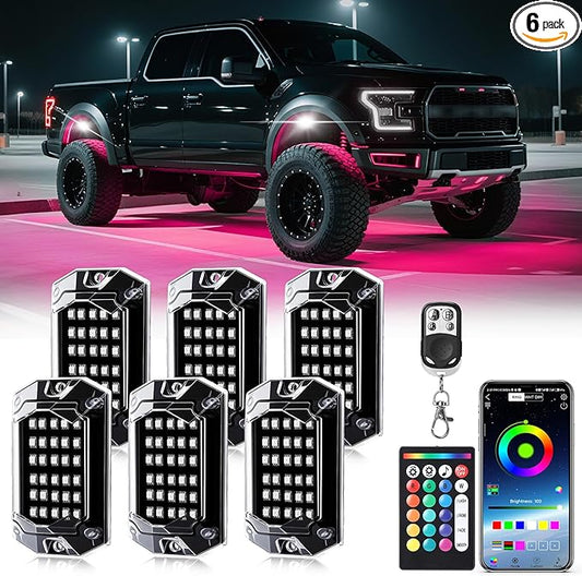 6 Pods Full Angle RGB LED Rock Lights for ATV UTV RZR Offroad Golf Cart SXS Truck Jeeps,Waterproof Multicolor Neon Underglow Kit with APP/RF Remote, 12Volt Underbody Lights