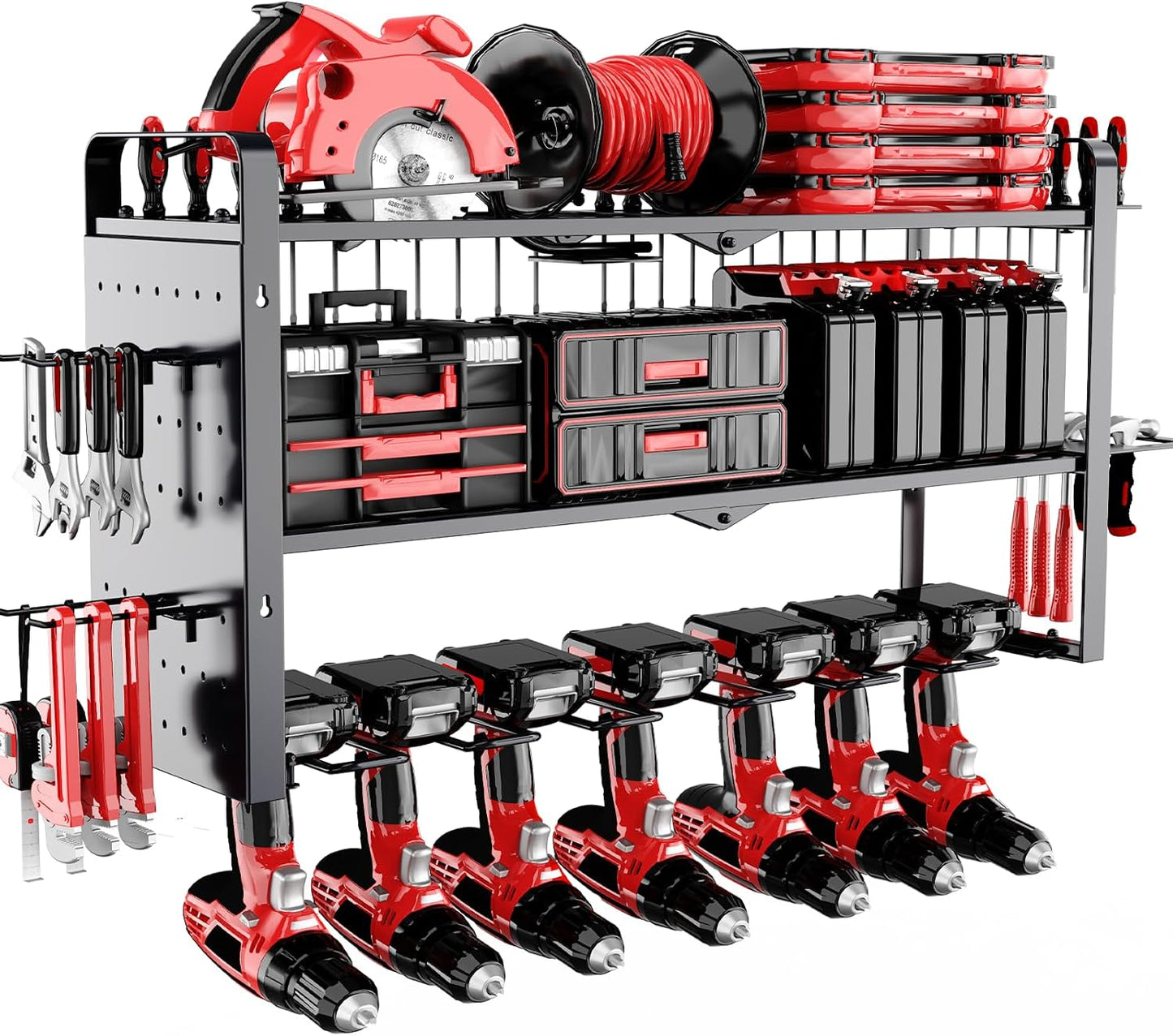 Power Tool Organizer Wall Mount - Pegboard with 7 Drill Holder - Heavy Duty Metal Tool Shelf for Garage Organization