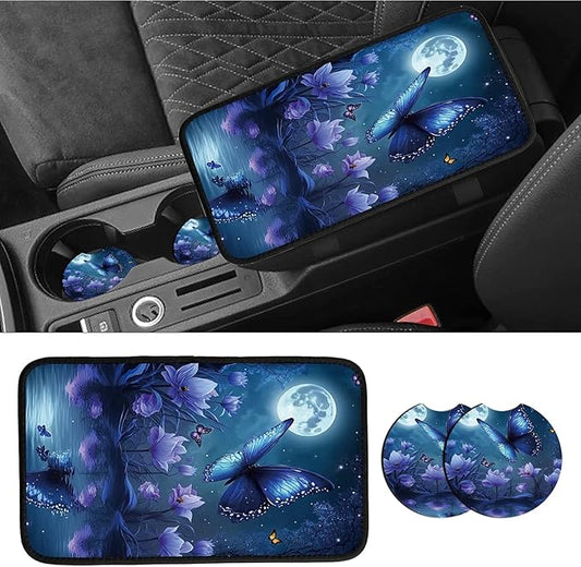 Car Armrest Cover Pads Universal Fashion Cute Auto Center Console Armrest Cover Pad with 2PCS Car Coasters Soft Waterproof Car Armrest Seat Protector for Women Girls, Blue Butterfly