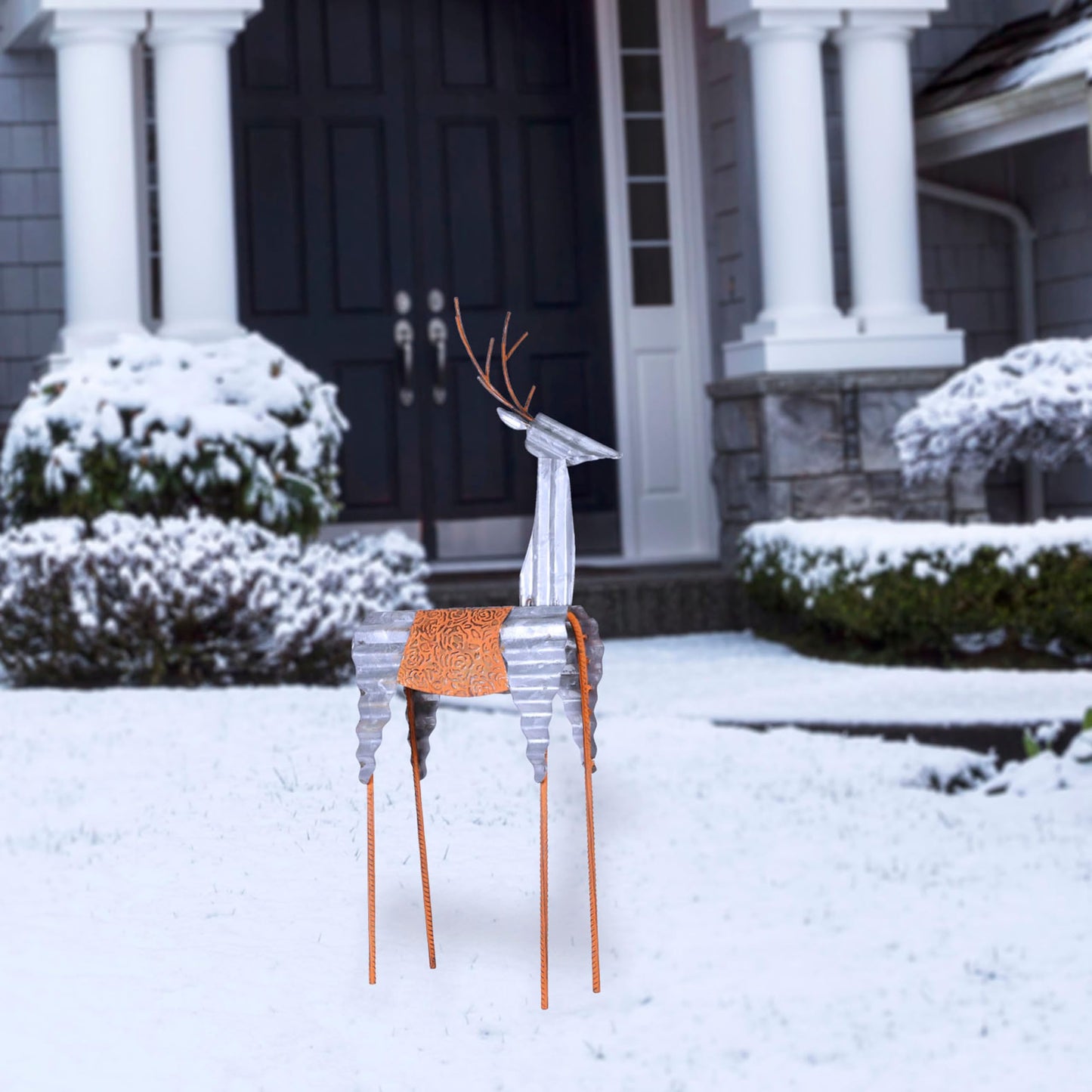 Alpine Corporation 30" H Outdoor Metal Rustic Standing Reindeer Lawn Christmas Holiday Decoration, Christmas Decoration