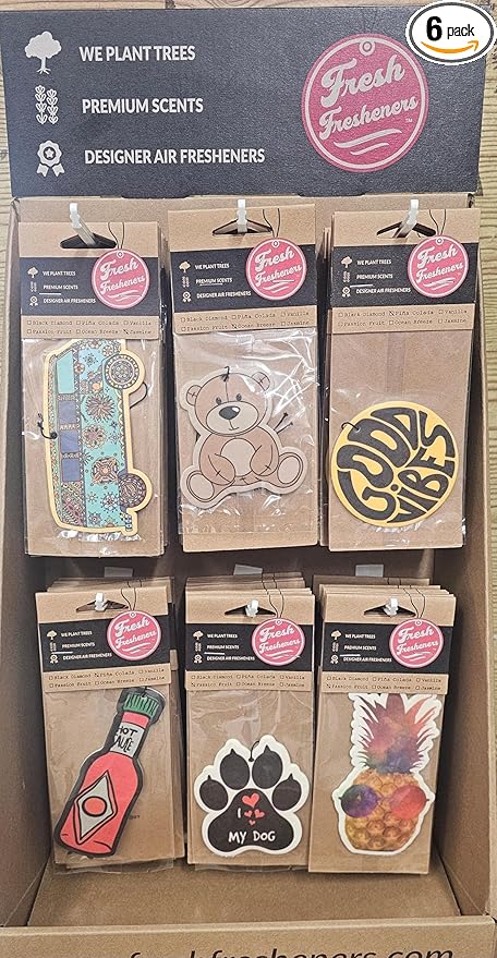 Generic Fresh Fresheners - Designer Air Fresheners 6pk You'll receive a mix of 3-4 random scents from: Black Diamond, Ocean Breeze, Green Tea, Jasmine, Vanilla, and Passion Fruit