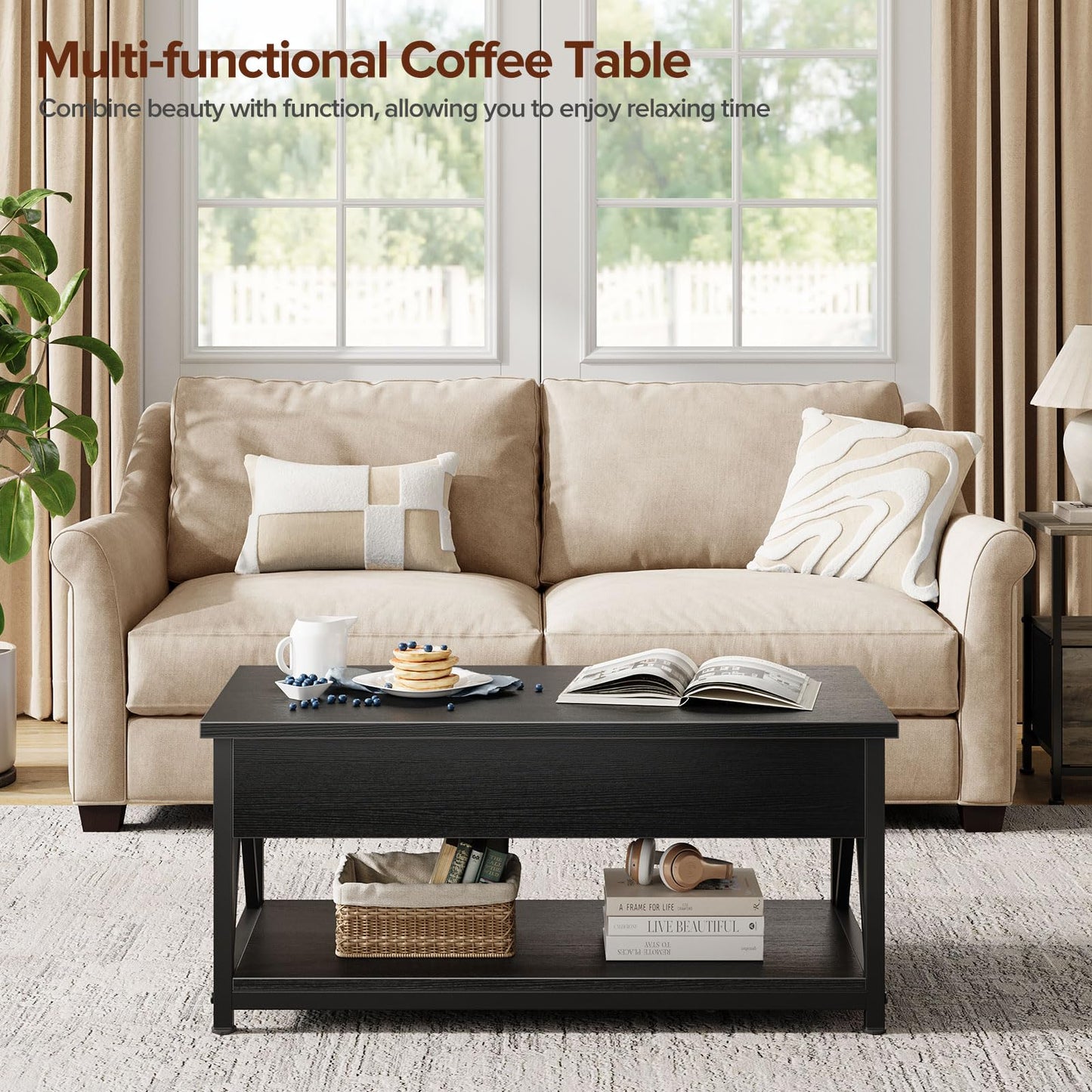 Memobarco Lift Top Coffee Table with Storage Shelf and Hidden Compartment for Small Spaces, Black