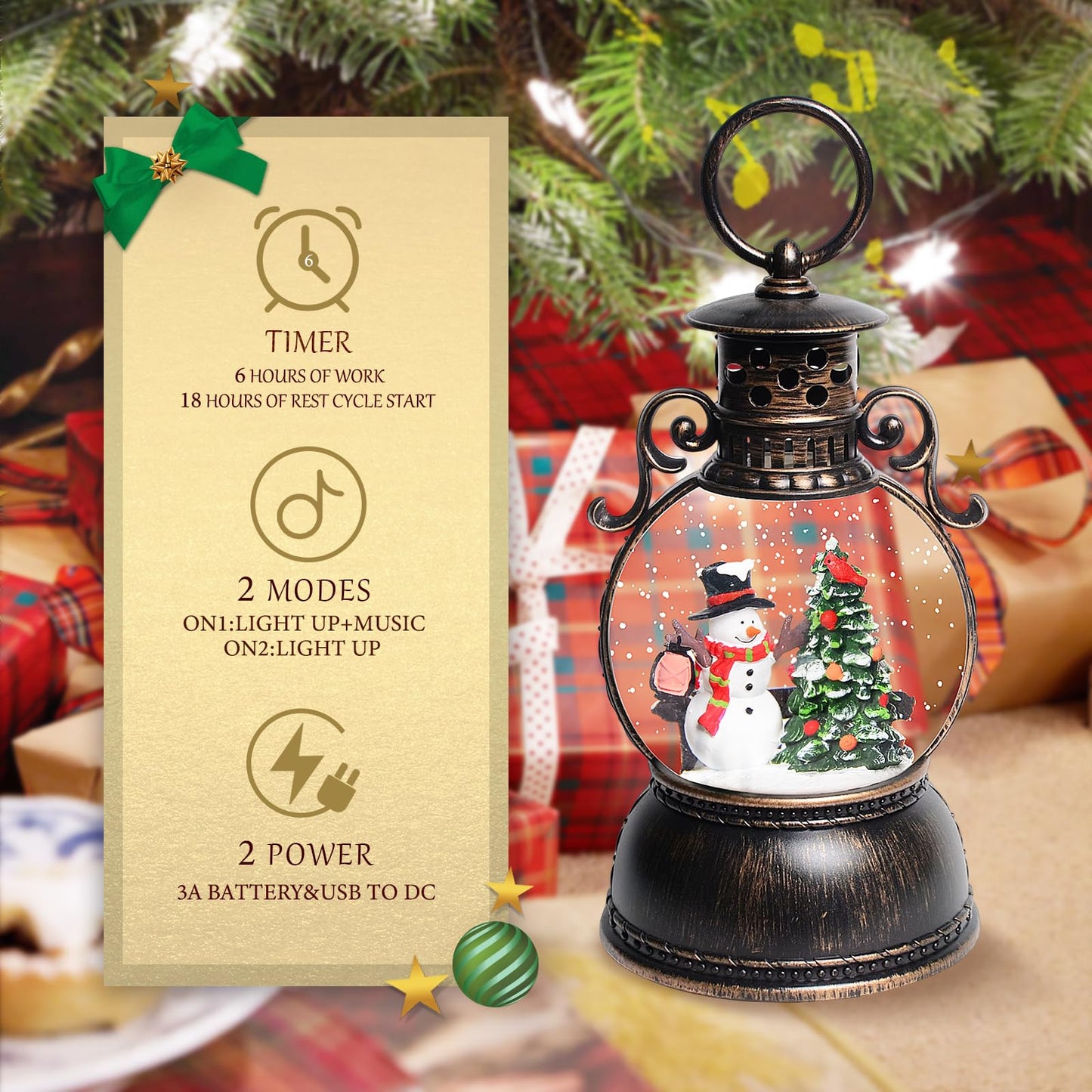 Christmas Snow Globes Lantern, Christmas Table Decorations with 8 Songs, 6H Timer, Battery & USB Powered Glitter Christmas Music Box Home Decor