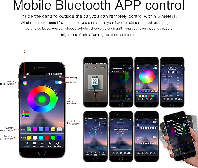 Car Interior Ambient Lighting Optic Fiber RGB 64 Colors Multicoloured Music Car Footwell Lighting Kit with Cigarette Lighter and App Microphone, 12-24V 3m
