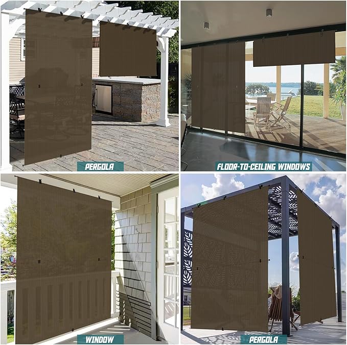Bynbbur 7'W x 7'H Outdoor Patio Shades Foldable Roller Blinds, 220 GSM Sun Shade Roll Up Porch Screens Exterior Shade Cloth for Deck Pergola Backyard, Brown