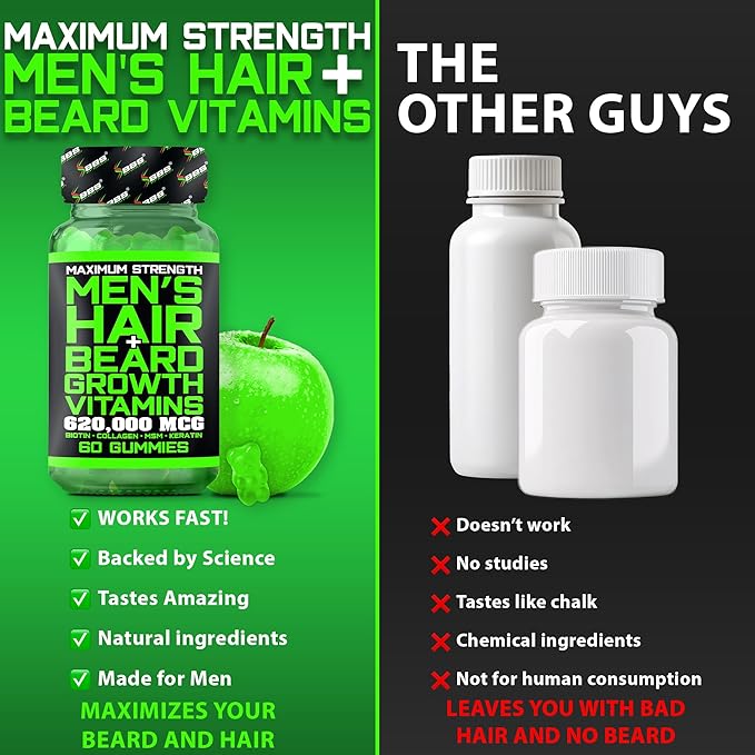 BBS Beard Growth & Hair Growth Vitamins for Men - Maximum Strength 620000mcg Biotin - Collagen - MSM - Keratin - Bamboo Extract - Multivitamin Gummies (Made by Best Beard Stuff USA)