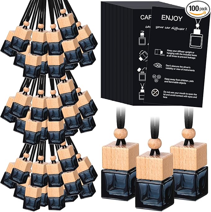 DaisyInner 100 Sets Car Diffuser Bottles Empty Bulk Hanging Car Air Freshener Diffuser Bottles Bulk Glass Perfume Holder with Instruction Cards for Essential Oil Fragrance Pendant(Square,Black)