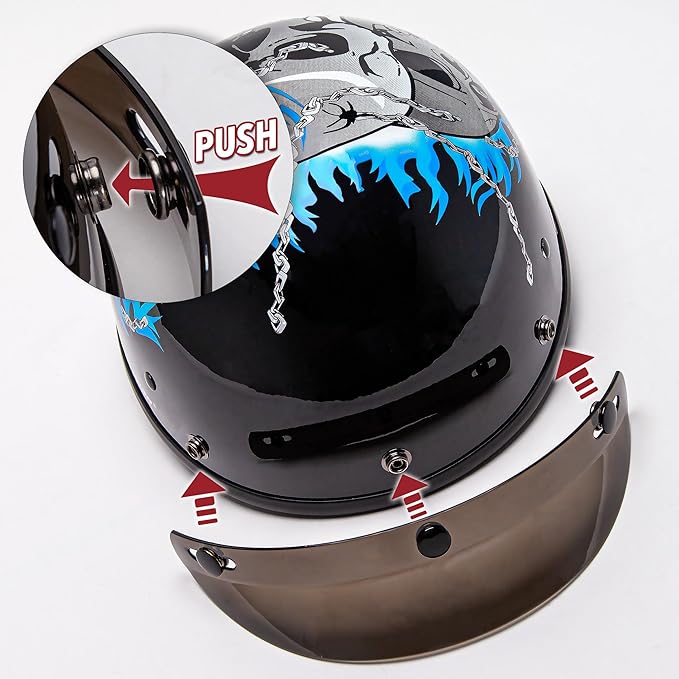 Cartman Cruiser Scooter Motorcycle Half Face Helmet, Blue Skull Graphics, DOT Approved for Bike Scooter ATV UTV Chopper, Small