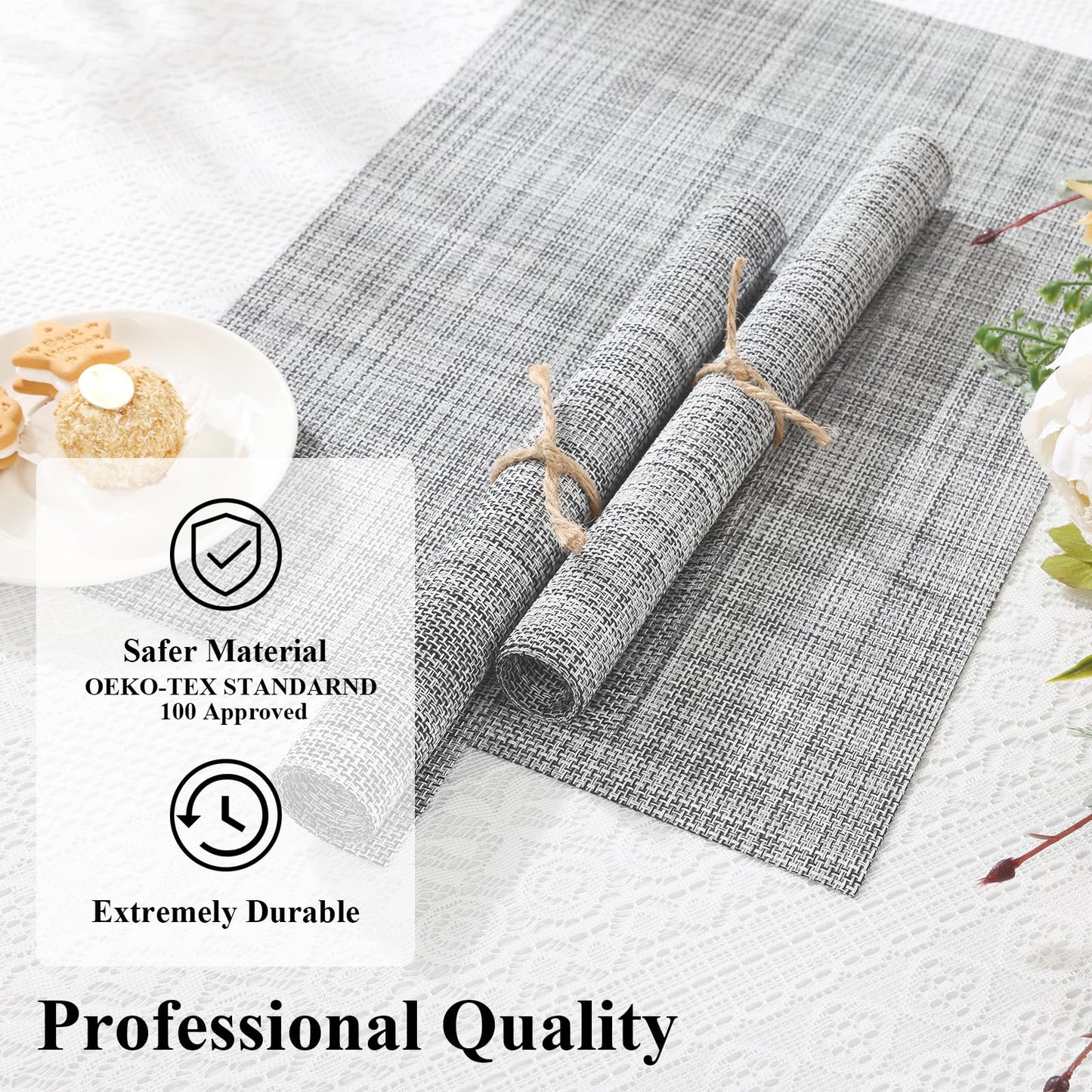 SHACOS Woven Vinyl Placemats Set of 6 Wipe Clean Table Placemats Heat Resistant Wipeable Non Slip Table Mats Indoor Outdoor, Gray White