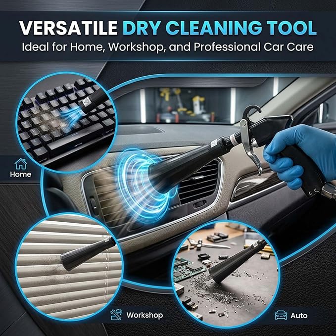 RAINPOT Saker Car Dry Cleaning Tool,60-160 PSI Compressed Air Tool for Auto Interior Cleaning, Pneumatic Duster Tool with Fine Nozzle for Vents, Crevices, and Dashboards (2 Set Nozzle)