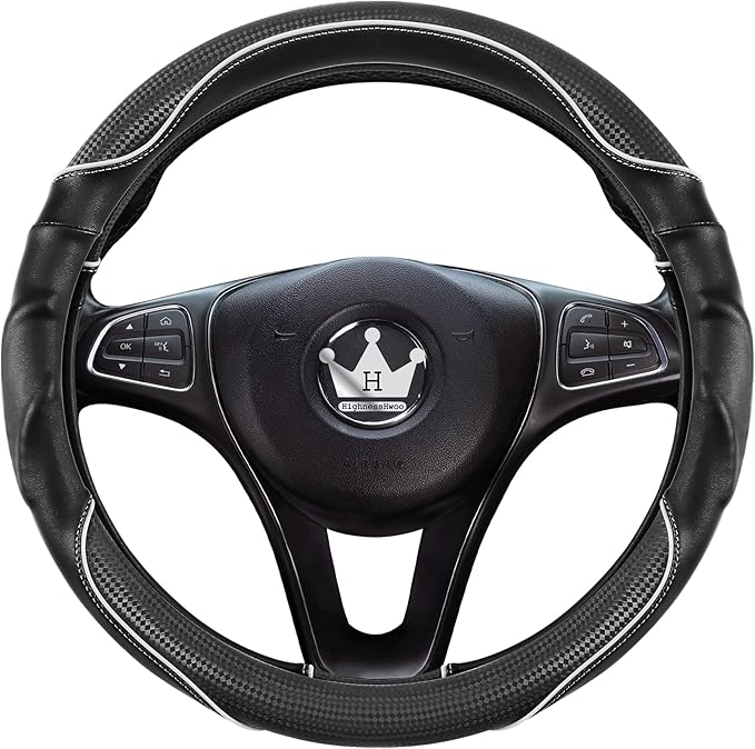 3D Car Steering Wheel Cover Comfort Grip Massage Sporty Anti-Slip Carbon Fiber Faux Leather for Sedan SUV, Universal Fit, Car Handle Covers for All Seasons, 14.75-15.15in, White