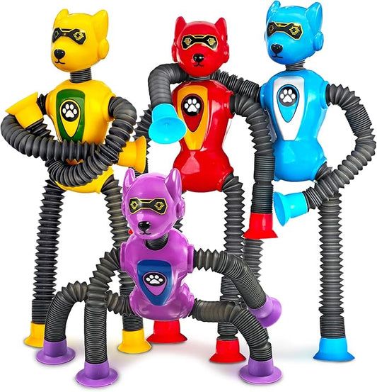 4PC Robot Dog Sensory Pop Tube Travel Toys for Boys Toddler Kid Airplane Car Toy Activities Autistic Road Trip Suction Tube for Boy 3 - 8 ADHD Autism Easter Basket Stuffers Valentine Gift