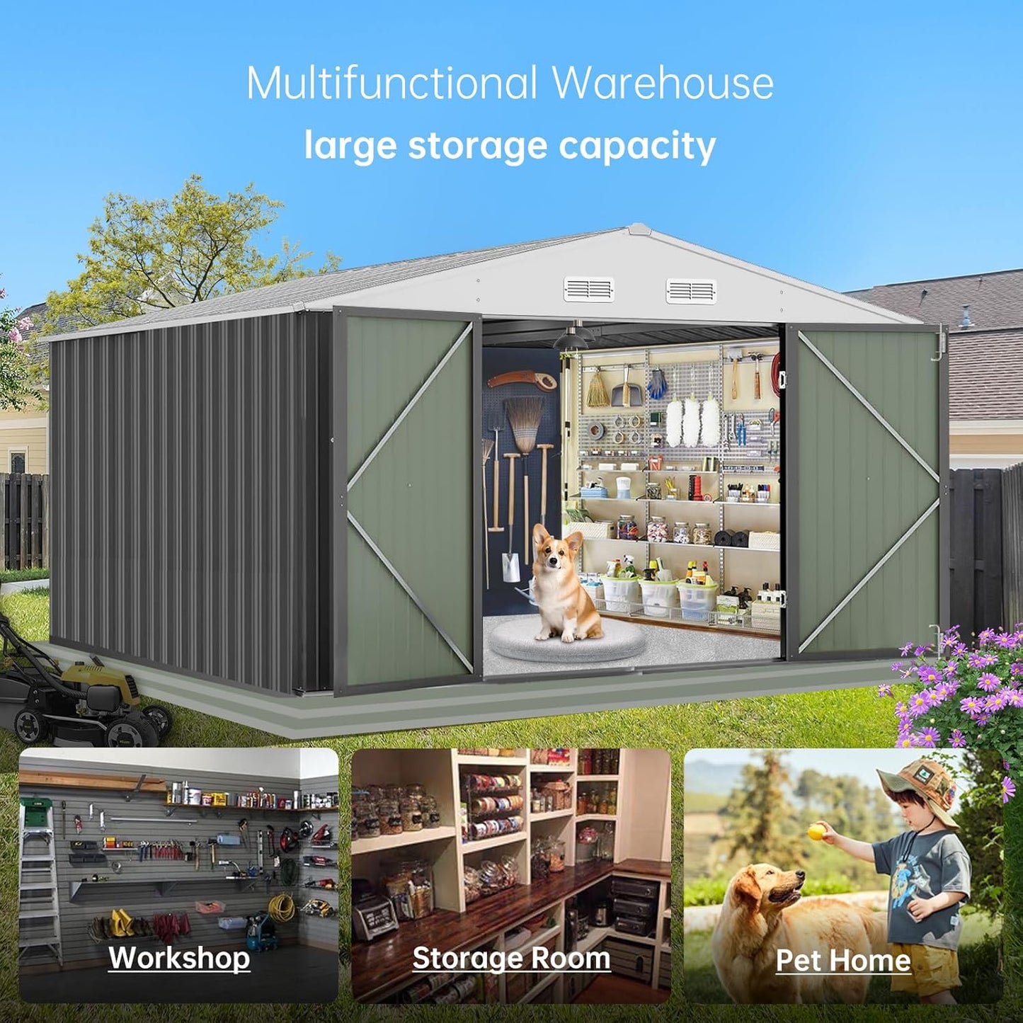 12x10 Ft Outdoor Storage Shed, Large Steel Multipurpose Yard Shed, Metal Outdoor Tool Shed with Sloped Roof and Door Lock Design for Organizing Tools & Equipment in Yard, Garden, Grey