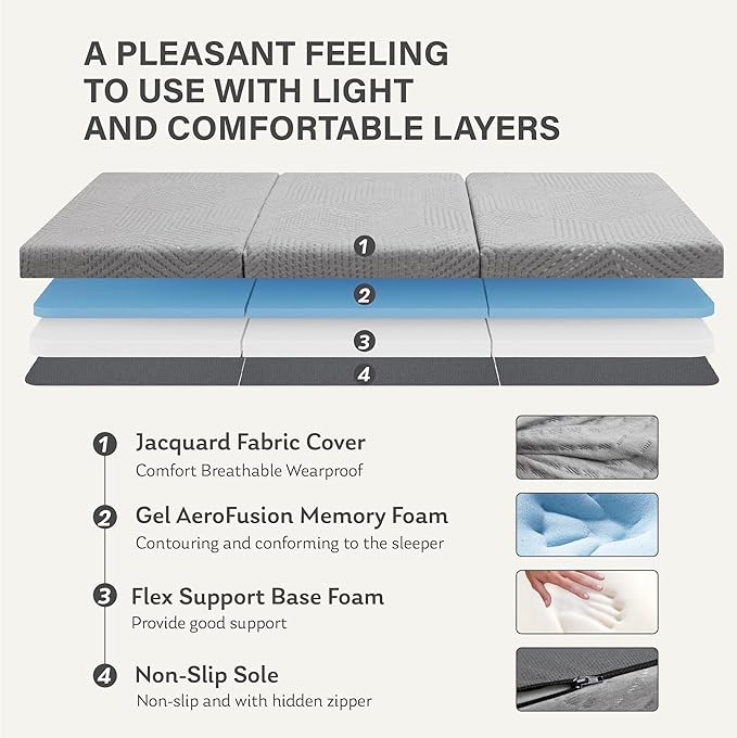 MLILY Tri-Fold Memory Foam Mattress, 4 inch King Folding Mattress with Collapsible and Washable Cover, Travel and Guest Mat, 80"×76"×4", Grey