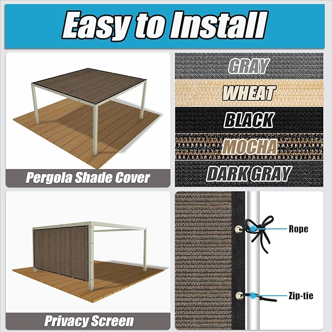 Amagenix 90% Shade Fabric 6'X 21' Mocha Sun Shade Cloth with Grommets for Pergola Replacement Shade Cover Canopy, Heavy Duty, Cable Zip Ties Included (We Customized)