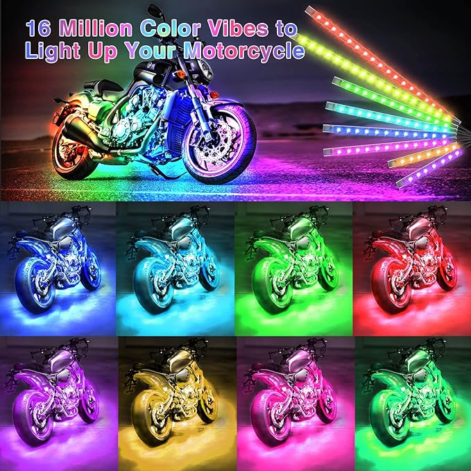 8PCS Motorcycle RGB LED Light Kit with Handlebar Switch Brake Turn Signal, Multicolor Underglow Lights with APP/RF Remote, Neon Strips 12V Waterproof for Sport Bike, Cruiser, Street & Dirt Motorcycle