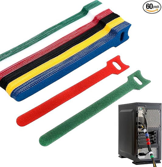 60PCS Reusable Cable Ties Hook and Loop Straps, 6 Inch Colored Cord Ties Cable Management Cord Organizer for Desk Wire Organizers for Power Electronic Cords Charging Computer Cables