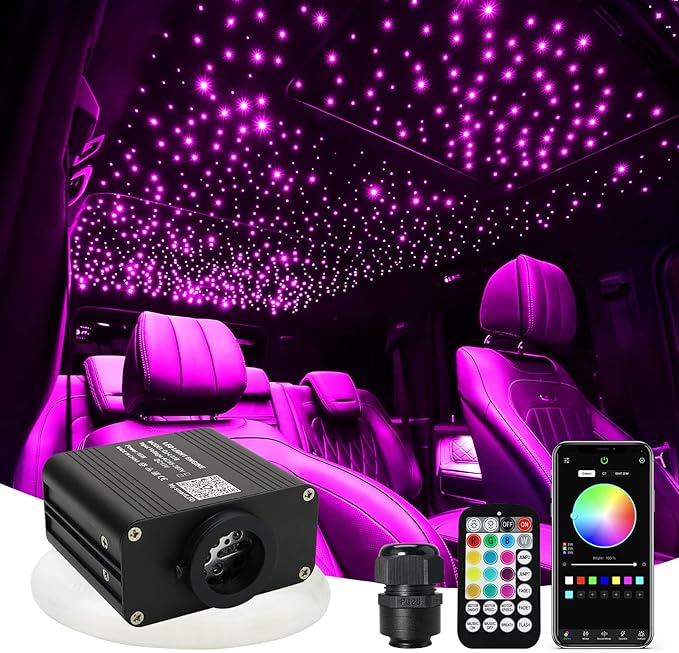 AMKI Updated 16W RGBW Fiber Optic Light Twinkle + Sound Activated Mixed 350pcs 0.03in 6.5ft Cables APP Remote Music Control Car Home Starlight Headliner Star Ceiling Light Kit