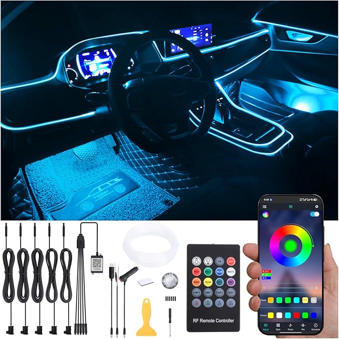 Car Atmosphere Light Kit 6m Fiber Optic RGB Multicolor Sound Active Music Sync Memory Function RF Remote Controller + Bluetooth APP Control 64 Colors USB Car Interior Ambient Lighting Kit 12V