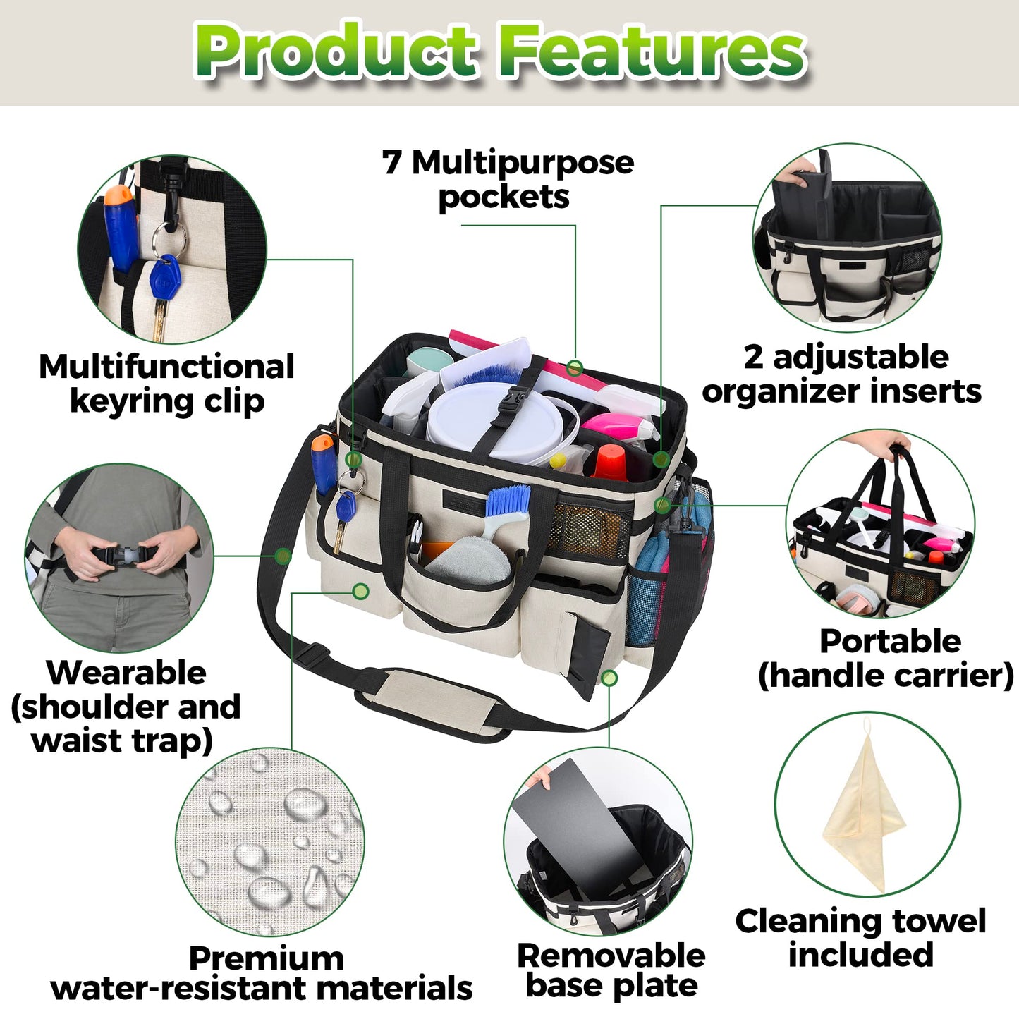 Cleaning Caddy Organizer with Handle - Large Caddy Bag for House & Bathroom Cleaning Supplies, 15 x 8 x 10.5 inches Cleaning Supply Caddy, Housekeeping Tote with Adjustable Strap - Beige