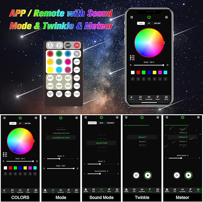 CHINLY 550pcs Starlight Headliner Kit - App Controlled Star Lights with Twinkle, RGBW Effects - 9.8ft Fiber Optic Car Ceiling Lights