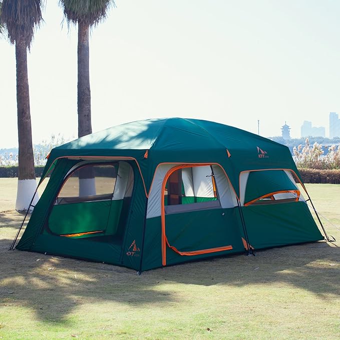 KTT Large Family Cabin Tent 10-12 Person,14.1X10X6.58ft,2 Rooms,3 Storage Pockets,2 Bay-Windows 3 Doors and 3 Windows with Mesh,Straight Wall,Waterproof,Double Layer,Big Tent for Outdoor,Camping