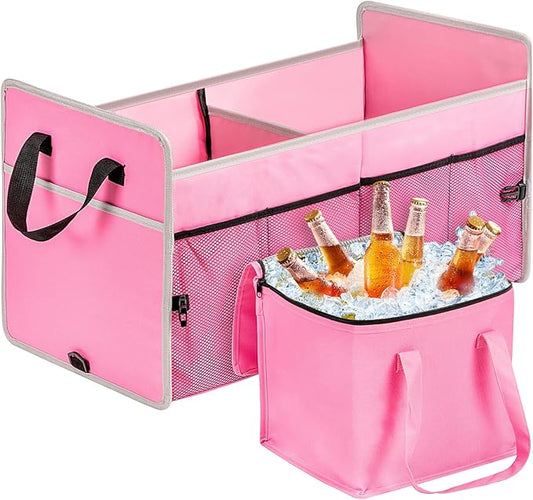 Car Trunk Organizer with Individual Cooler Bag - 2 Compartment Collapsible Car Storage for SUV (Pink)