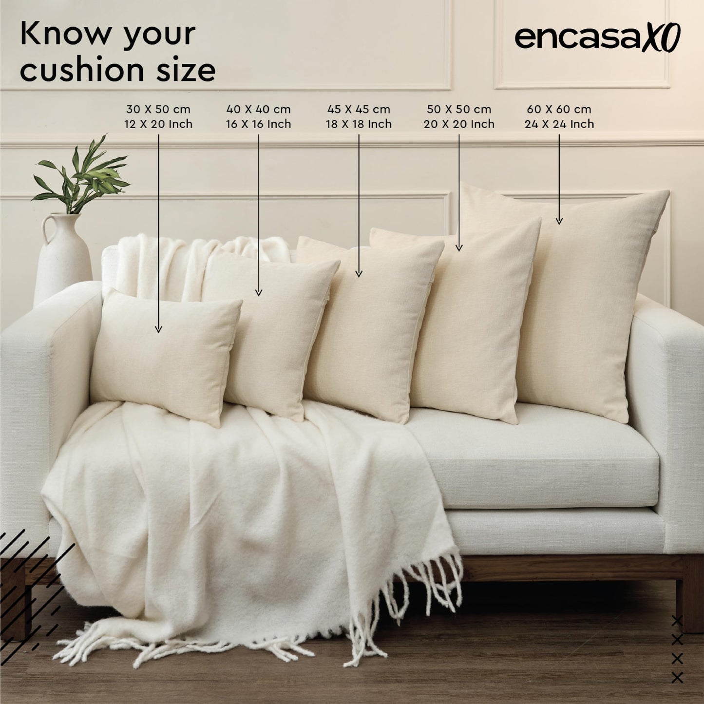 Encasa XO Throw Pillow Covers 18x18 in Set of 2 Natural | No Inserts | Cotton Pillow Covers for Living Room, Bed, Sofa, Couch | Decorative Cushion Covers with Improved Zippers