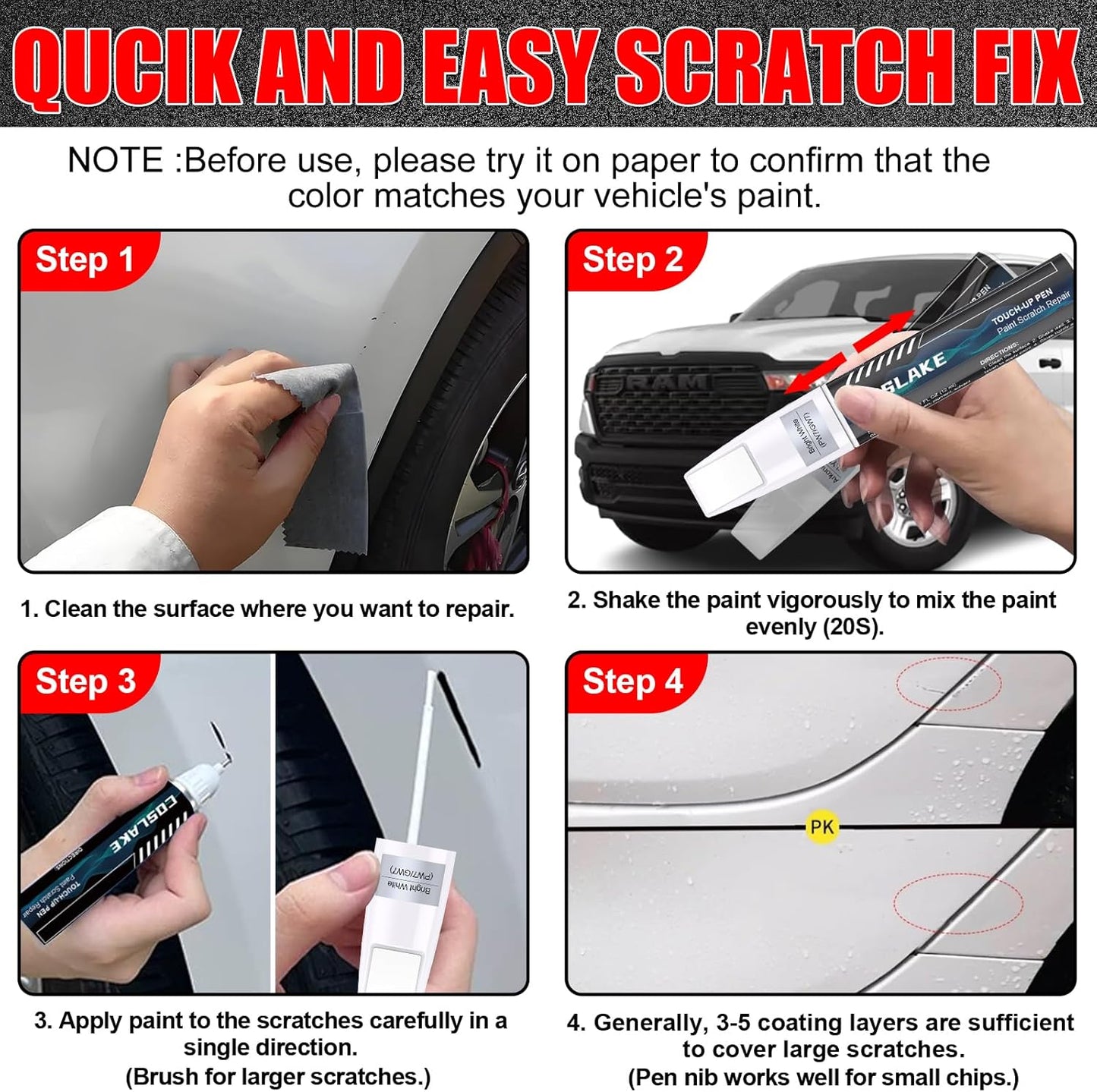 Car Touch Up Paint(Diamond Black Crystal Pearl-Coat(PXJ/KXJ)) for Dodge Ram, Car Paint Scratch Repair Kit, Quick & Easy Solution to Repair, 2 in 1 Scratch Remover Pen with 2PCS Disposable Micro Applicators