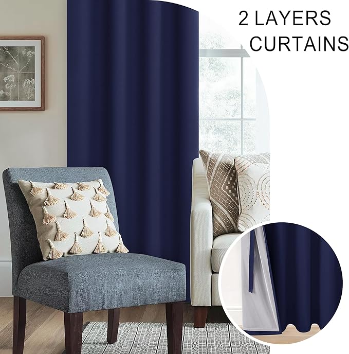 XWZO 100% Blackout Curtains 54 Inches Long with Tiebacks- Heat and Full Light Blocking, Thermal Insulated Window Panels with Grommets for Bedroom/Nursery, Navy Blue, W42 x L54, Set of 2 Draperies