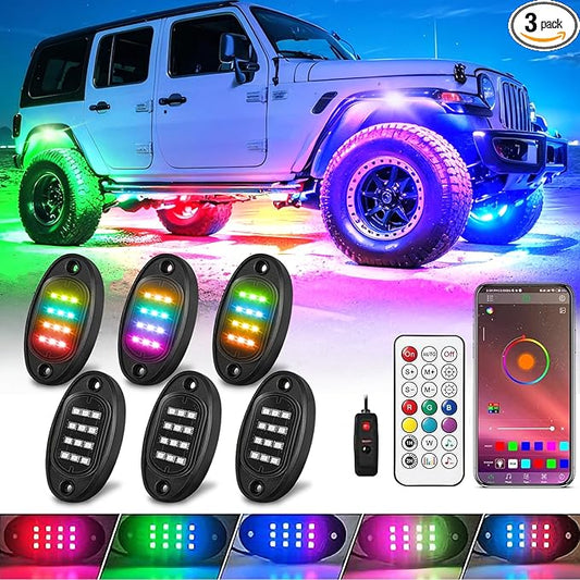 6 Pods RGB+IC LED Rock Lights for UTV ATV Golf Cart Truck SXS SUV RZR, Music Sync Smart Dream Color Chasing Underglow LED Lights for Cars with APP/RF Control, Waterproof Vehicle Underbody Light 12V