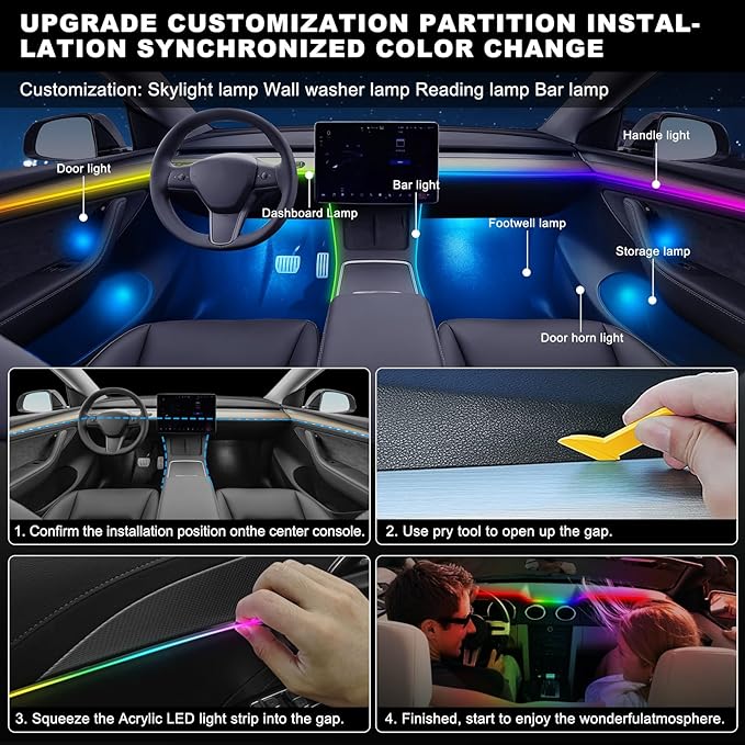Dreamcolor Acrylic Interior Car LED Strip Light with USB/Type C, 10 in 1 with 175 inches 600 LEDs Ambient Lighting Kits, Sound Active Function Neon Accessories