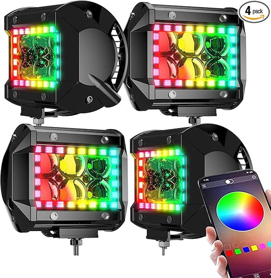 4PCS 4" inch LED Spot Work Light Bar with Multi-Color Chasing RGB Halo 16 Solid Colors Over 92 Flashing Modes Offroad Pods Lights LED Driving Lamp Fog Lights with Switch and Wiring Harness