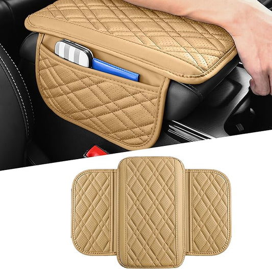 Car Center Console Cover, Leather Vehicle Arm Rest Cushion with 2 Storage Bags, Automotive Armrest Interior Seat Box Pad Accessories, Universal for SUV, Sedan, Truck (Beige)