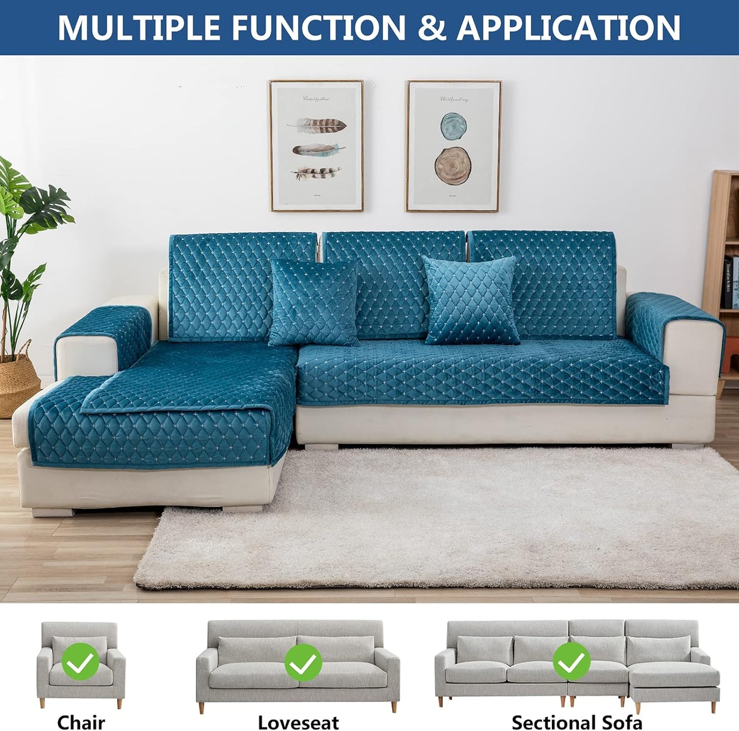 Eismodra Couch Cover,Sectional Couch Covers,Sofa Covers for 3 Cushion Couch,Anti-Slip Sofa Slipcovers for Dogs Cats Kids Loveseat Recliner L Shaped Armrest Backrest,Blue 43''x63''(Only 1 Piece)