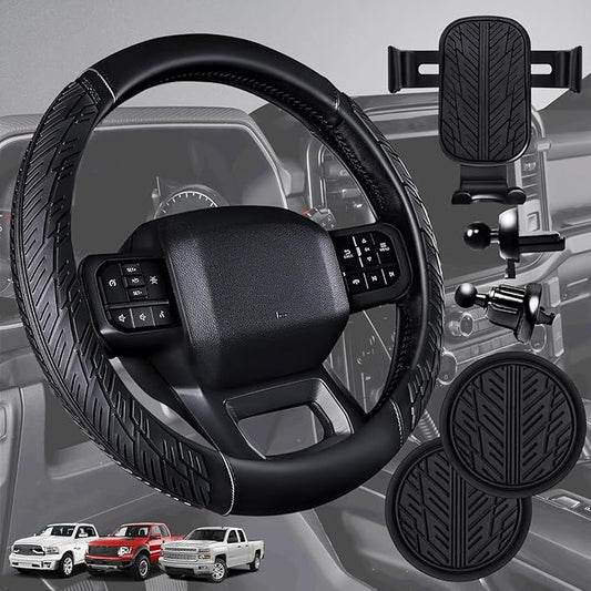 CAR PASS Leather Rubber Steering Wheel Cover Combo Set Universal Fit for Truck SUV Car Ram F150 Tundra 4Runner Tacoma Mobile Phone Holder Anti-Slip Heavy Duty Tire Tread Large-Size 15.5"-16" Black