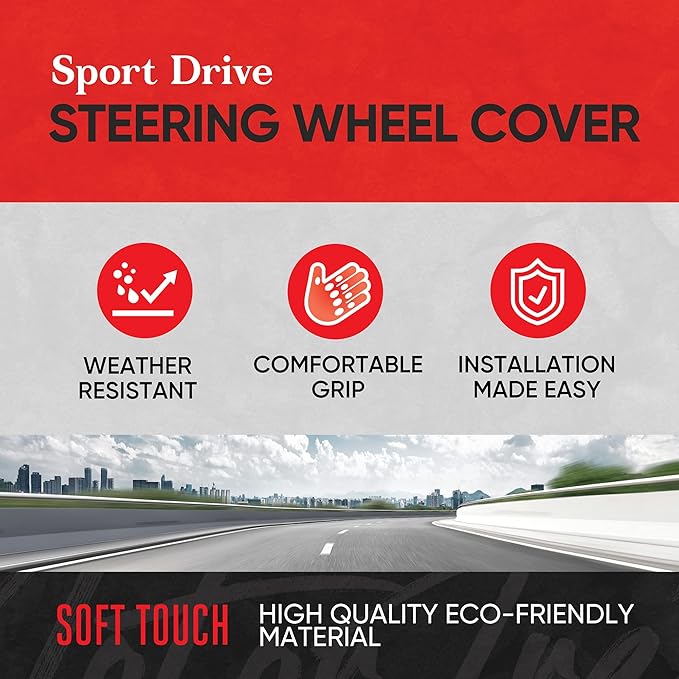 Motor Trend GripDrive Faux Black Leather Steering Wheel Cover for Car Truck Van SUV, Standard 15 inch Size, Red Accent Stitched Car Steering Wheel Cover Vehicle & Auto Accessories