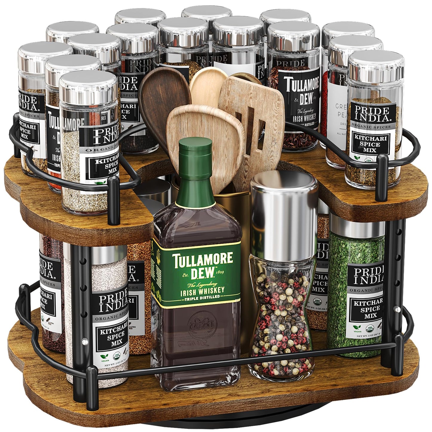 Lazy Susan Organizer Spice Rack - Spice Organization for Cabinet Height Adjustable Rotating Lazy Turntable, Pantry Kitchen Wood Revolving Seasoning Organizer, 12 inches, Black