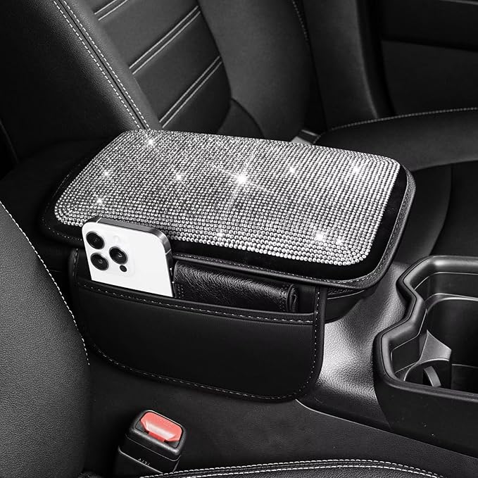 Bling Center Console Cover Fit for Toyota Tacoma with 2 Storage Bags Fully Diamond-Studded Style Center Console Armrest Cover with Total Protection(Silver Diamond)