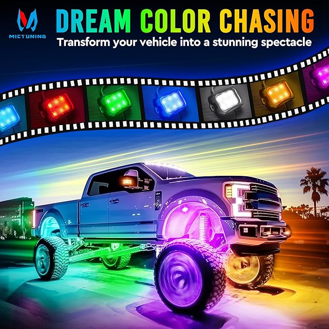 MICTUNING C2+ RGB+IC Rock Lights - 12 Pods Dynamic Chasing Color Underglow Neon Kit, Extensible to 24 Pods, Bluetooth APP Control & IP68 Waterproof, for Trucks Cars ATV UTV Golf Cart (2 Year Warranty)