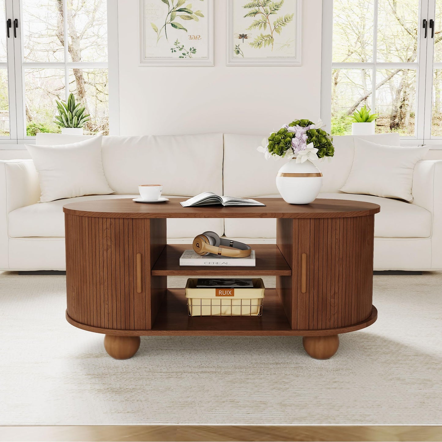 Rectangle Coffee Table, Mid-Century Modern Coffee Table with Storage & Sliding Doors, Fluted Coffee Table Center Table for Living Room, Dining Room, Apartment, Home Office (Walnut)
