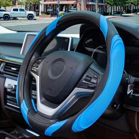 Car Steering Wheel Cover, 15 Inch Leather Breathable Anti-Slip Soft Steering Wheel Protector for Men and Women, Universal Car Accessories for SUV, Truck, RV (Blue)