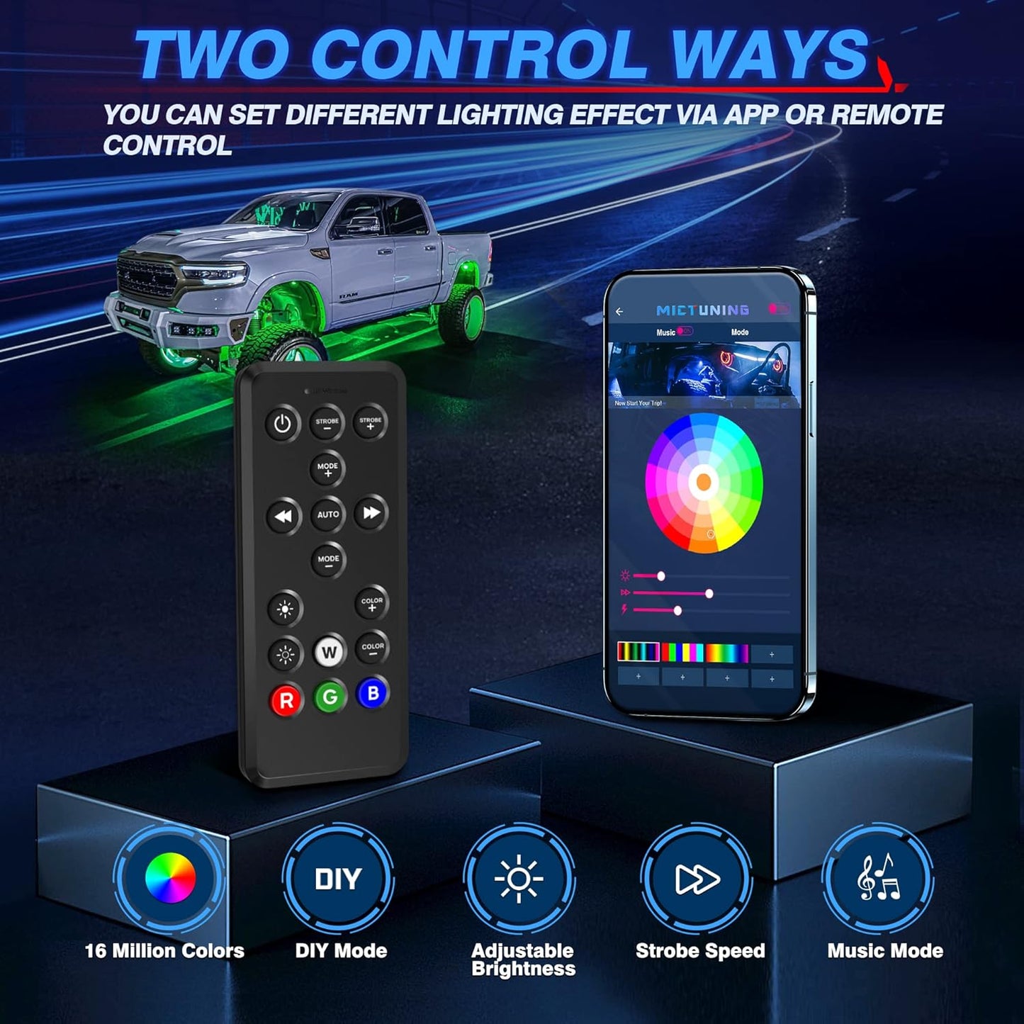 MICTUNING Q1 RGBW Rock Lights, 8 Pods Pure Color Underglow Neon Multicolor Lighting with Wiring Switch Kit, Bluetooth Controller, Remote Control, Music Mode for Trucks Car ATV UTV Golf Cart