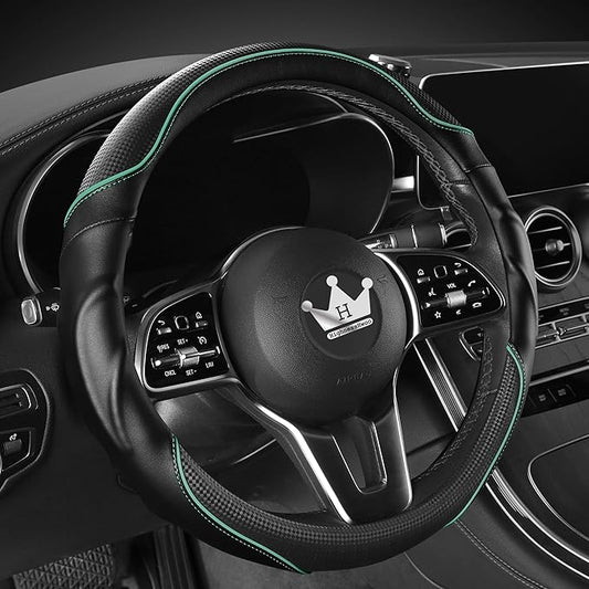 3D Car Steering Wheel Cover Comfort Grip Massage Sporty Anti-Slip Carbon Fiber Faux Leather for F150, Trucks, Jeep, Van, Car Handle Covers for All Seasons, 15.2-16in, Green