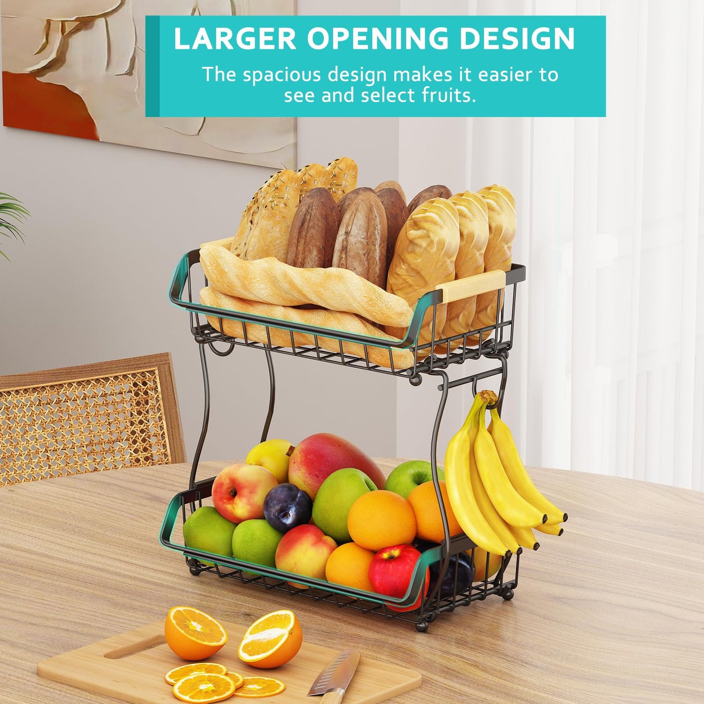 ANTOPY 2 Tier Fruit Basket with 2 Banana Hangers, Detachable Countertop Fruit Bowls for Kitchen Counter, Metal Wire Fruit Vegetable Storage Holder Stand with Wooden Handles for Bread, Snacks, Veggies