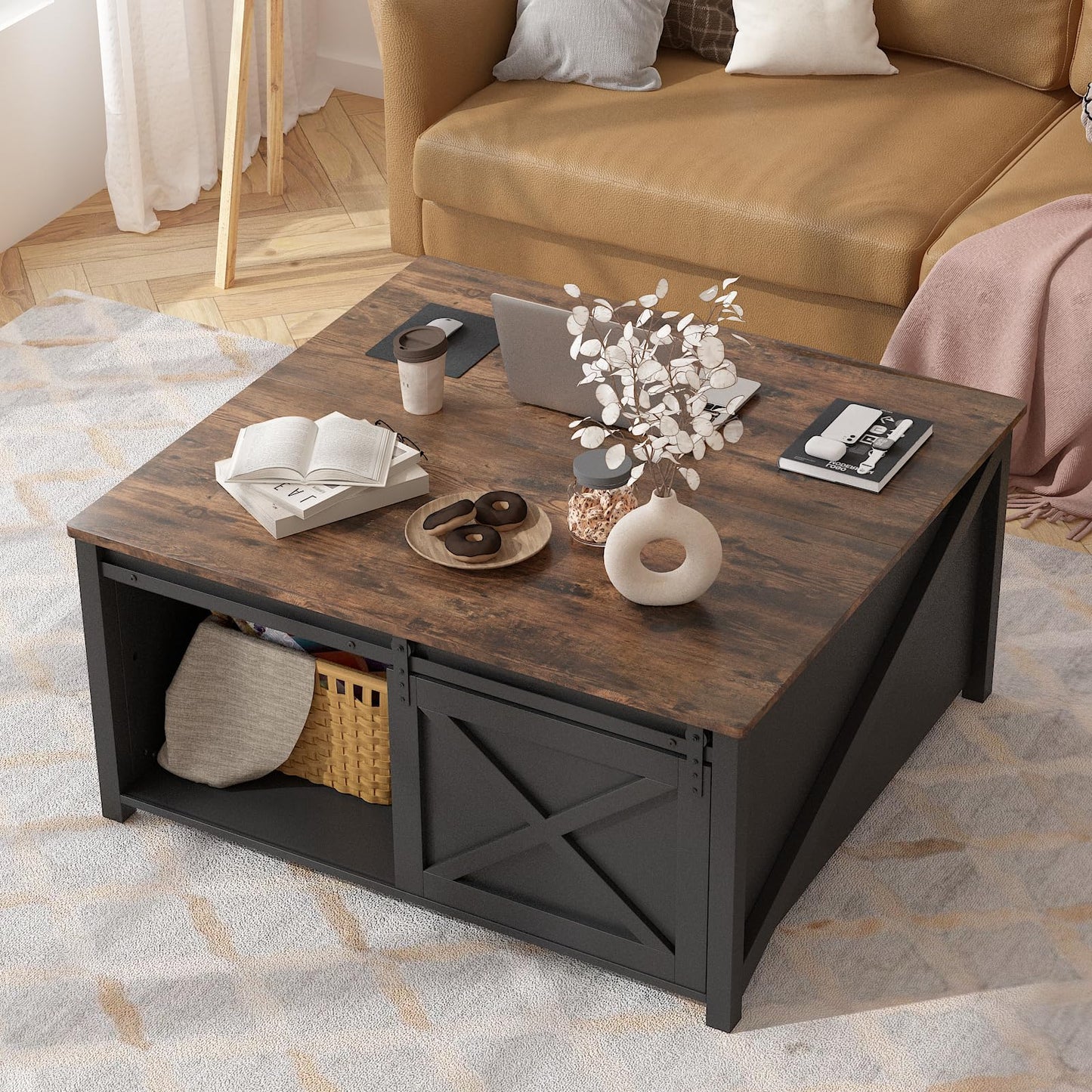 PUKAMI Lift Top Coffee Table with Storage, 31.5" Farmhouse Coffee Table for Living Room, Square Coffee Tables with Large Hidden Storage and Sliding Barn Doors, Black