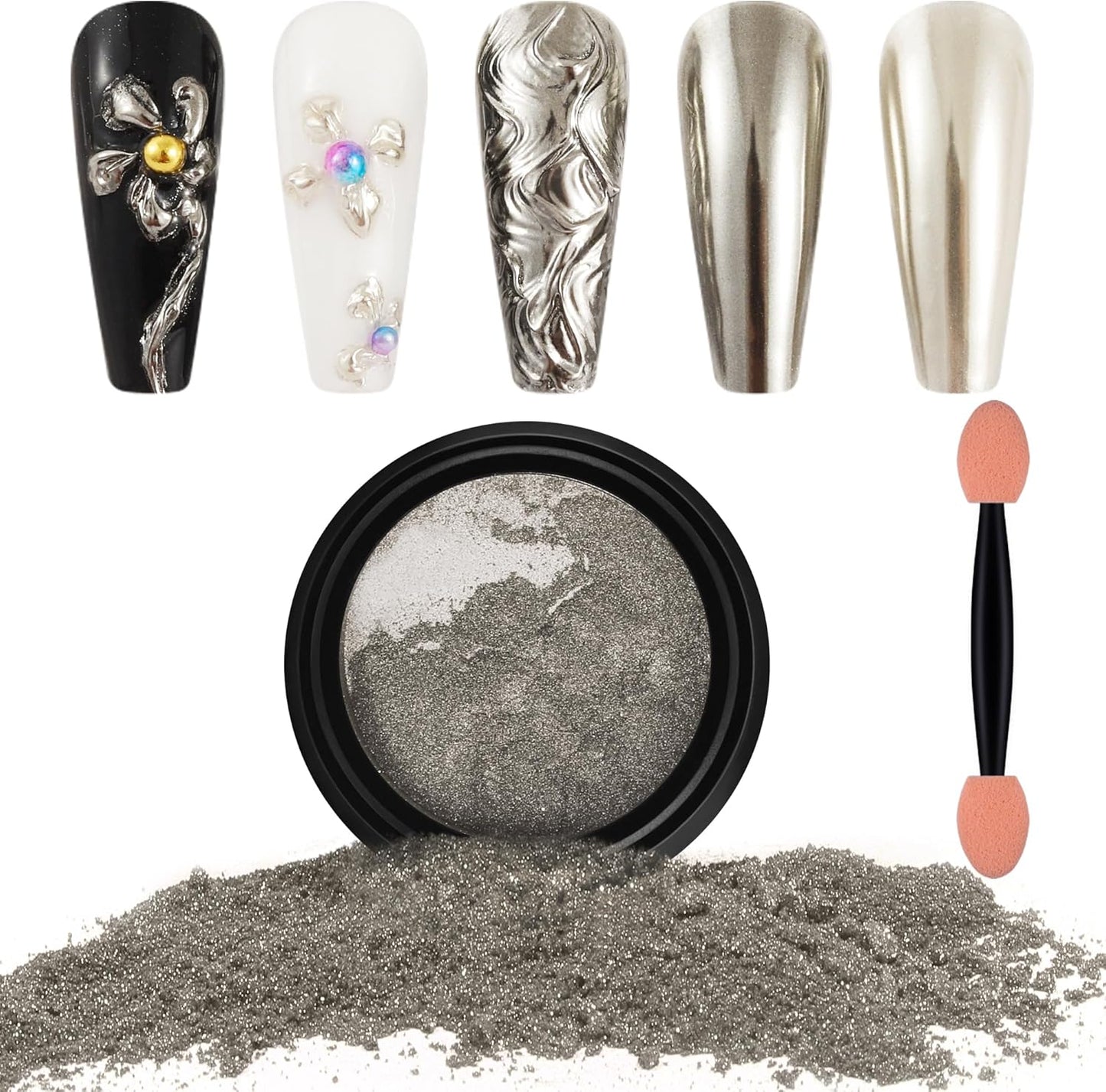Artdone Chrome Nail Powder, Light Silver Iridescent Aurora Powder Metallic Mirror Effect Pigment Pearlescent Mermaid Pigment Pearl Glitter Dust Kit, Nail Art Decoration, Resin Craft