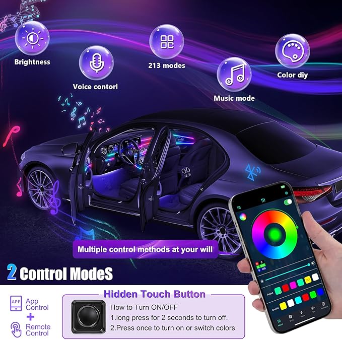 Acrylic Interior Car LED Strip Light with Wireless APP, RGB Dreamcolor 6 in 1 with 175 inches 600 LEDs Fiber Optic Strip Lights for Car, Dynamic Chasing Sound Active Neon Car Ambient Lighting Kits